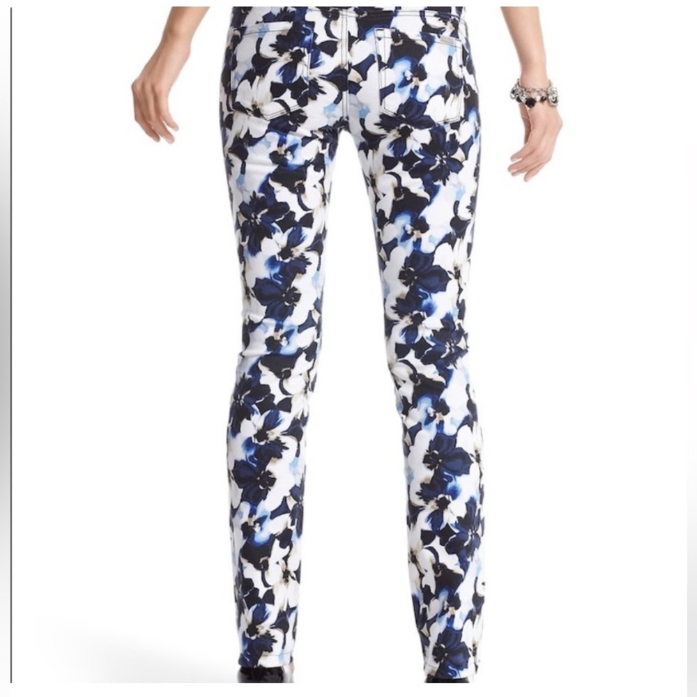 White & Blue Floral Slim Ankle Rhinestone Denim Jeans - Picture 2 of 13